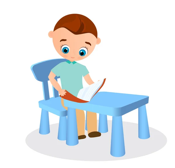 Un chico joven con gafas lee sentado en un escritorio de la escuela. Ilustración vectorial eps 10. Estilo de dibujos animados plana . — Archivo Imágenes Vectoriales