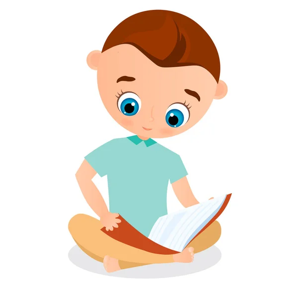 Młody chłopak z książką, siedząc na podłodze. Ilustracja wektora eps 10. Stylu cartoon płaskie. — Wektor stockowy