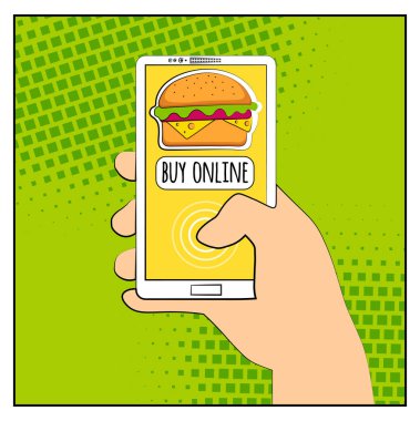 Komik telefon ile noktalı resim gölgeleri ve Hamburger. Smartphone satın internet online alışveriş ile tutan el. Fast food arka plan. Pop art retro tarzı. Düz tasarım. Vektör çizim eps 10
