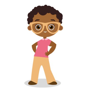 Afro-Amerikan çocuk gözlüklü. Vektör çizim eps 10 beyaz arka plan üzerinde izole. Düz çizgi film tarzı