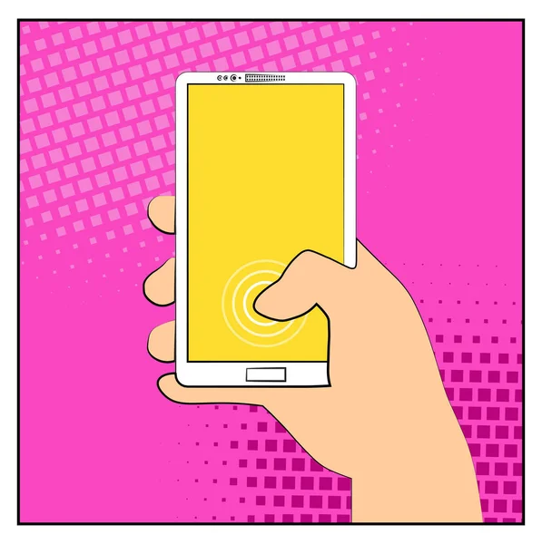 Comic smartphone phone with halftone shadows. Hand holding smartphone. Pop art retro style. Flat design. Vector illustration eps 10 — Stock Vector