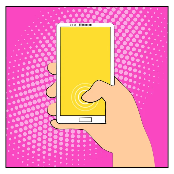 Comic smartphone phone with halftone shadows. Hand holding smartphone. Pop art retro style. Flat design. Vector illustration eps 10 — Stock Vector