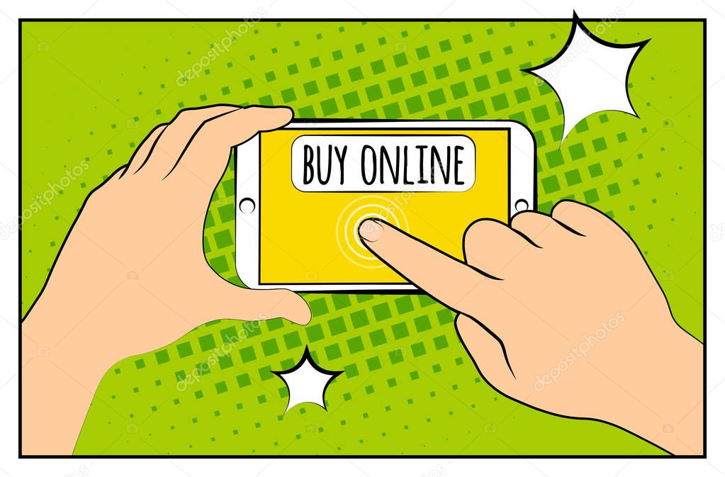 Comic phone with halftone shadows. Hand holding smartphone with buy online internet shopping. Pop art retro style. Flat design. Vector illustration eps 10