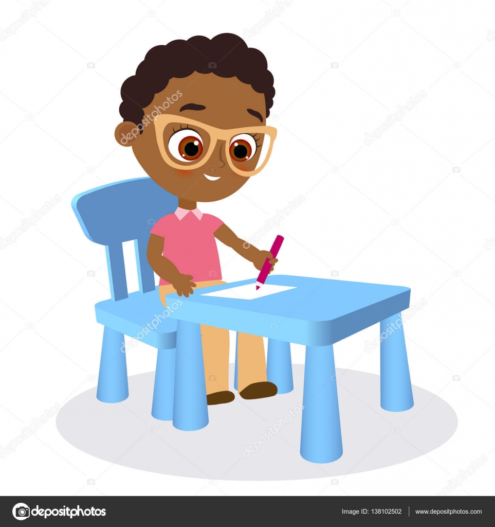 Young African American Boy Paints Sitting At A School Desk