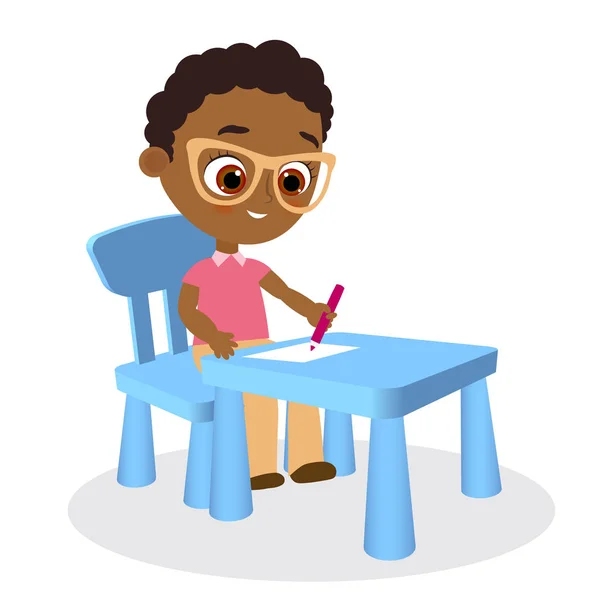 Jovem afro-americano pinta sentado em uma mesa da escola. Ilustração vetorial eps 10. Estilo de desenho animado plano . —  Vetores de Stock