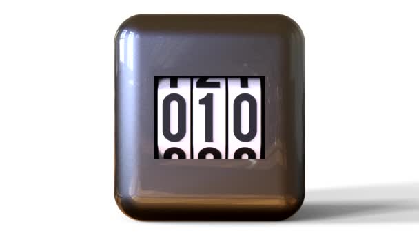 Dark gray clock with white disks and black letters. Counting is from zero to one hundred. The counter in the form of a brilliant, glossy cube with rounded corners. The analog representation of the boot process programs or files. — Stock Video