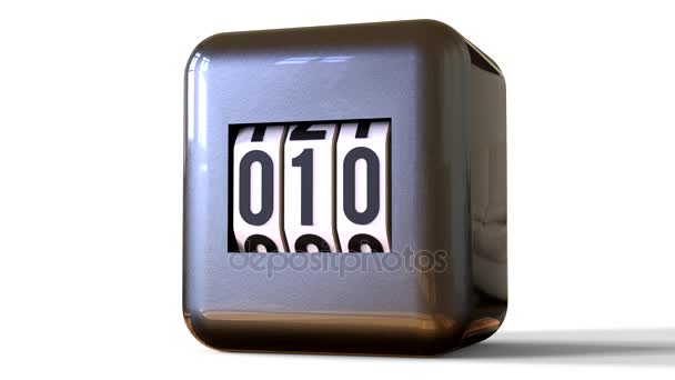 Dark gray clock with white disks and black letters. Counting is from zero to one hundred. The counter in the form of a brilliant, glossy cube with rounded corners. The analog representation of the boot process programs or files. — Stock Video