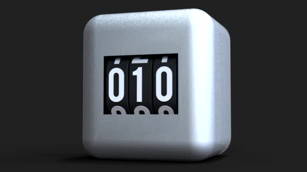 White clock with black wheels and white letters. Counting is from zero to one hundred. The counter in the form of a brilliant, glossy cube with rounded corners. The analog representation of the boot process programs or files. — Stock Video