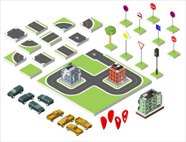 İzometrik yol ve vektör arabalar, ortak trafik düzenleme, bir windows ile bina ve Klima. Beyaz arka plan üzerinde izole vektör çizim eps 10.