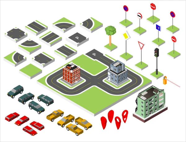 设置等距道路和矢量汽车，常见道路交通法规、 建筑与 windows 和空调。矢量图 eps 10 孤立在白色背景上. — 图库矢量图片