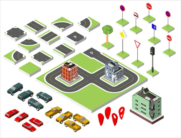 Set isometrische Straße und Vektor Autos, gemeinsame Straßenverkehrsordnung, Gebäude mit einem Fenster und Klimaanlage. Vektor Illustration eps 10 isoliert auf weißem Hintergrund. — Stockvektor