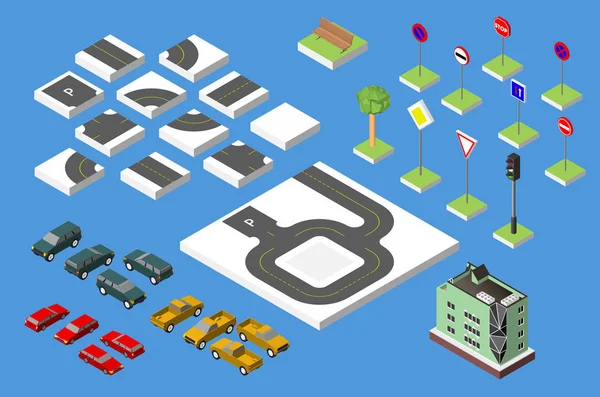 Isometrisk road och vektor bilar, gemensamma vägtrafiken reglerande, byggnad med ett fönster och luftkonditionering. Vektor illustration eps 10 isolerad på vit bakgrund. — Stock vektor