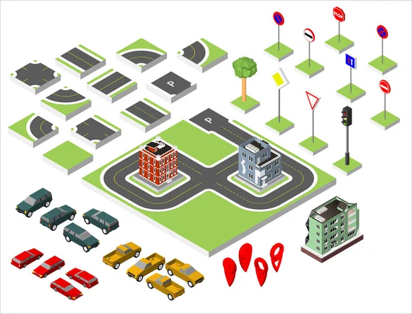 Set isometrische Straße und Vektor Autos, gemeinsame Straßenverkehrsordnung, Gebäude mit einem Fenster und Klimaanlage. Vektor-Abbildung Folge 10 isoliert auf Hintergrund. — Stockvektor
