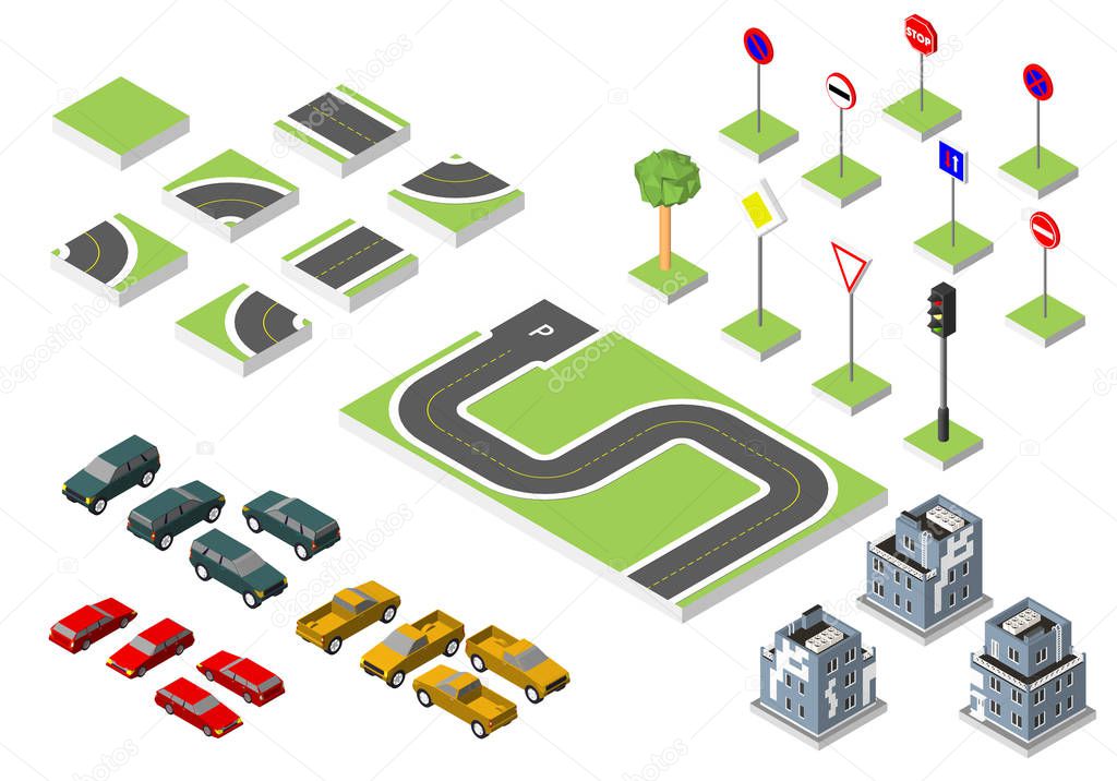 Set Isometric road and Vector Cars, Common road traffic regulatory, Building with a windows and air-conditioning. Vector illustration eps 10 isolated on background.