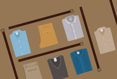 Kıyafetler moda arka plan. Erkek giyim kavramı. Düz stil Erkekler giyim vektör çizim eps 10.