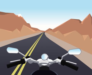 Bir motosiklet gezisi. Dağ manzara yatay arka plan. Vektör çizim eps 10.