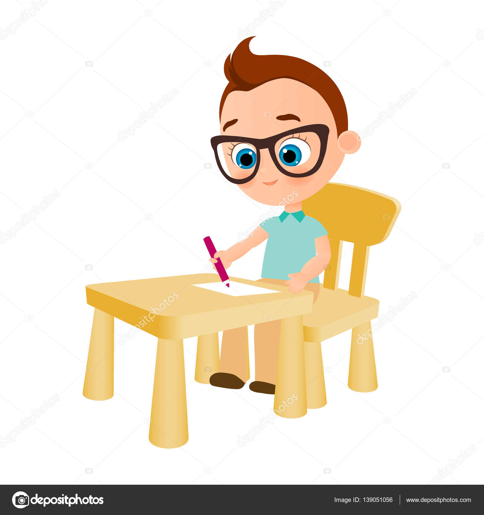 Young Boy With Glasses Paints Sitting At A School Desk Vector