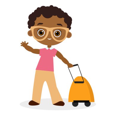 Gözlük ve packsack seyahat Afro-Amerikan çocuk. Sırt çantası ile seyahat. Vektör çizim eps 10 beyaz arka plan üzerinde izole. Düz çizgi film tarzı.