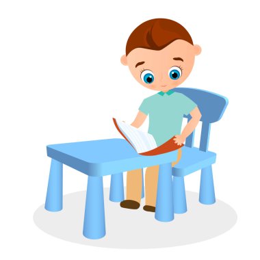 Gözlüklü genç çocuk bir okul masasında oturan okur. Vektör çizim eps 10. Düz çizgi film tarzı.