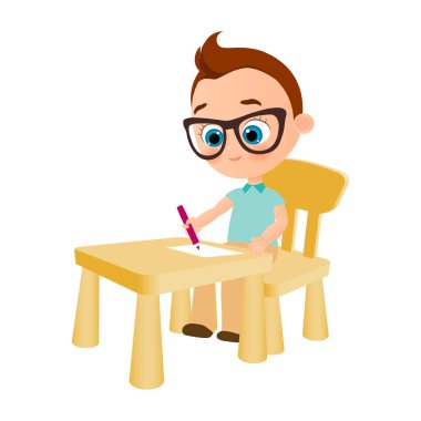Okul masa başında oturan gözlük boya ile genç çocuk. Vektör çizim eps 10. Düz çizgi film tarzı.