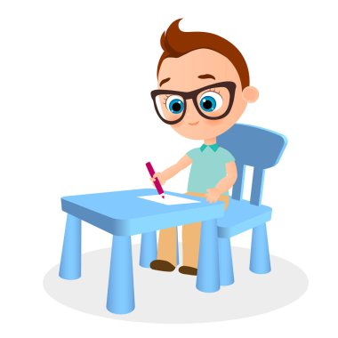 Okul masa başında oturan gözlük boya ile genç çocuk. Vektör çizim eps 10. Düz çizgi film tarzı.