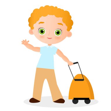 Gözlük ve packsack seyahat genç çocuk. Sırt çantası ile seyahat. Vektör çizim eps 10 beyaz arka plan üzerinde izole. Düz çizgi film tarzı.