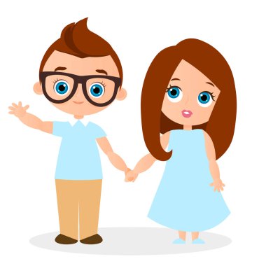 Gözlüklü kız ve genç bir çocuk. Vektör çizim eps 10 beyaz arka plan üzerinde izole. Düz çizgi film tarzı.