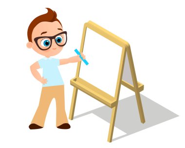 İzometrik şövale. Çizim beyaz tahta gözlüklü genç çocuk. Resepsiyon ve beyaz kağıt beyaz arka plan üzerinde izole boya. Vektör çizim eps 10.