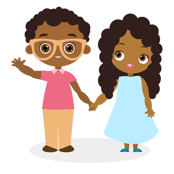 Africká americká dívka a mladý americký chlapec s brýlemi. Vektorové ilustrace eps 10 izolovaných na bílém pozadí. Plochá kreslený styl. — Stockový vektor