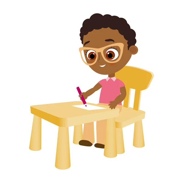 Un jeune garçon afro-américain peint assis à un bureau de l'école. Illustration vectorielle eps 10. Style de dessin animé plat . — Image vectorielle