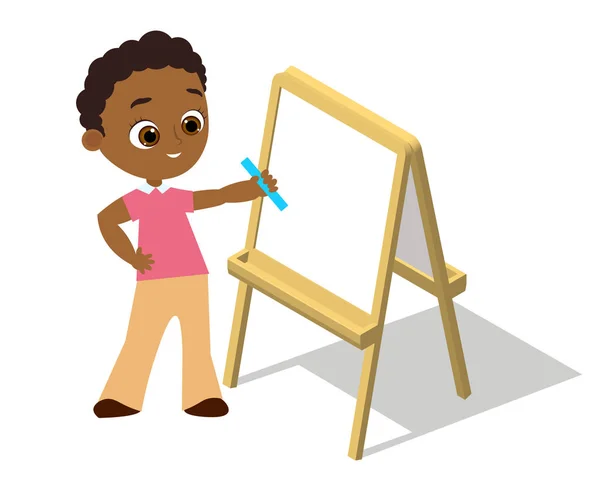 Easel isométrico. Jovem afro-americano com óculos de desenho Whiteboard. Mesa de pintura e papel branco isolado sobre fundo branco. Ilustração vetorial eps 10 . —  Vetores de Stock