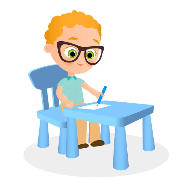 Young boy with glasses paints sitting at a school desk . Vector illustration eps 10. Flat cartoon style. — Stock Vector