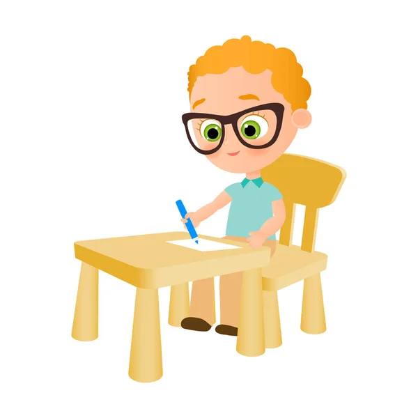 Νεαρό αγόρι με χρώματα γυαλιά, κάθεται σε ένα γραφείο της Σχολής. Vector εικονογράφηση eps 10. Επίπεδη κινούμενα σχέδια στυλ. — Διανυσματικό Αρχείο