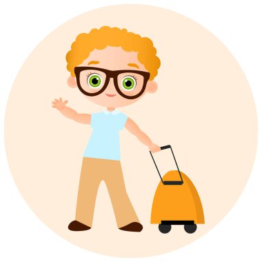 Gözlük ve packsack seyahat genç çocuk. Sırt çantası ile seyahat. Vektör çizim eps 10 beyaz arka plan üzerinde izole. Düz çizgi film tarzı.