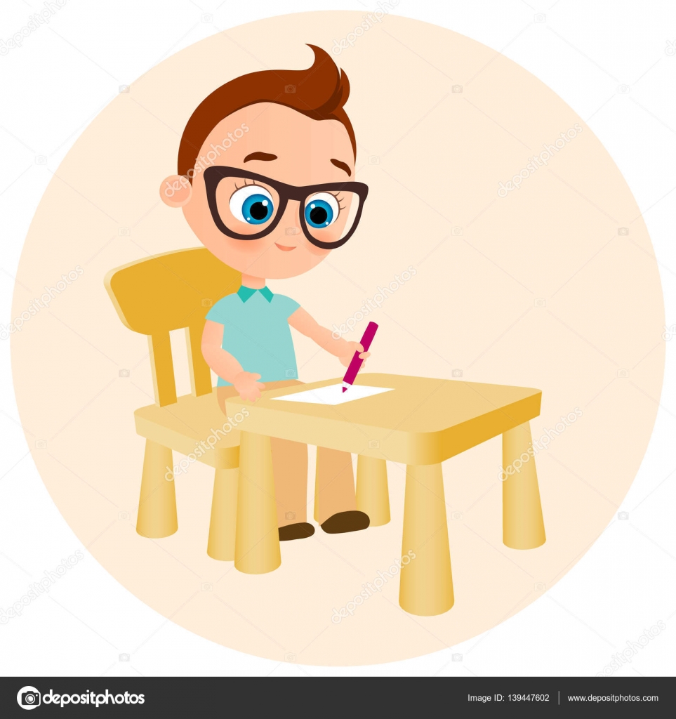 Young Boy With Glasses Paints Sitting At A School Desk Vector