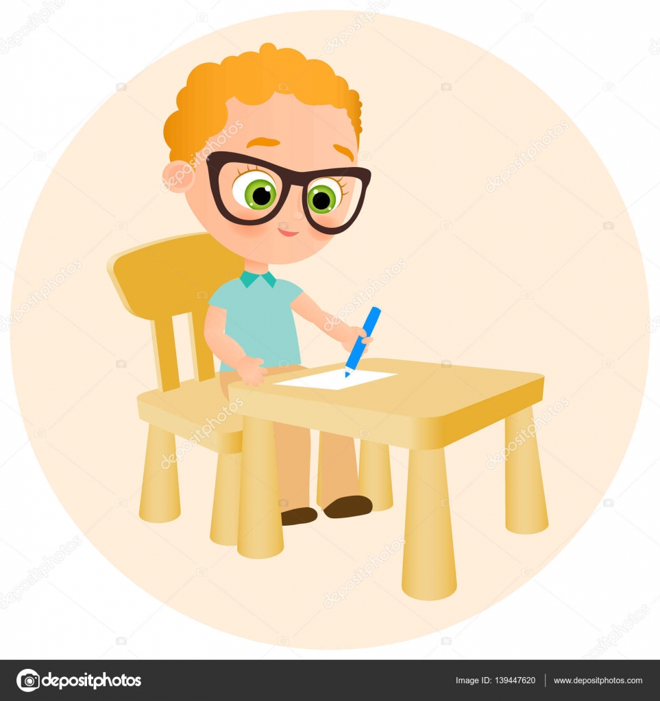 Young Boy With Glasses Paints Sitting At A School Desk Vector