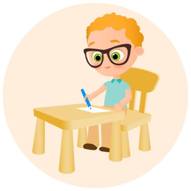 Okul masa başında oturan gözlük boya ile genç çocuk. Vektör çizim eps 10. Düz çizgi film tarzı.