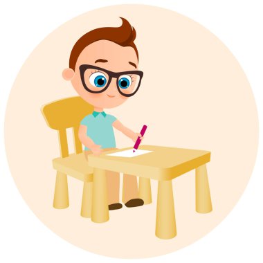 Okul masa başında oturan gözlük boya ile genç çocuk. Vektör çizim eps 10. Düz çizgi film tarzı.