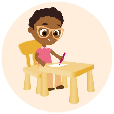 Okul masa başında oturan genç Afro-Amerikan çocuk boyalar. Vektör çizim eps 10. Düz çizgi film tarzı.