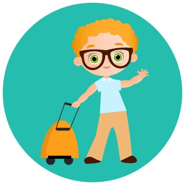 Gözlük ve packsack seyahat genç çocuk. Sırt çantası ile seyahat. Vektör çizim eps 10 beyaz arka plan üzerinde izole. Düz çizgi film tarzı.