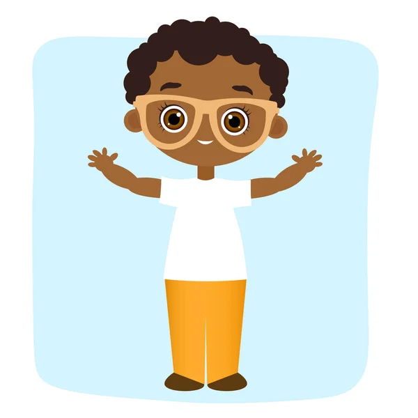 Niño afroamericano con vidrios.Ilustración vectorial eps 10 aislado sobre fondo blanco. Estilo de dibujos animados plana — Vector de stock