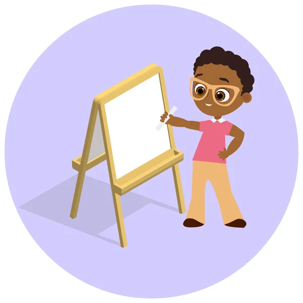 Easel isométrico. Jovem afro-americano com óculos de desenho Whiteboard. Mesa de pintura e papel branco isolado sobre fundo branco. Ilustração vetorial eps 10 . —  Vetores de Stock