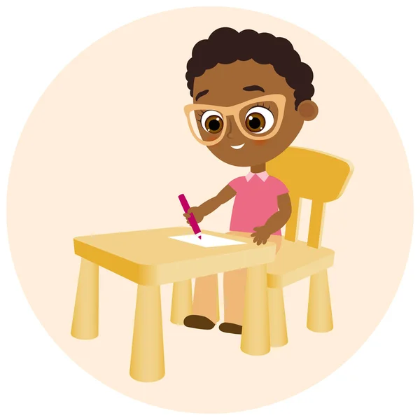 Un jeune garçon afro-américain peint assis à un bureau de l'école. Illustration vectorielle eps 10. Style de dessin animé plat . — Image vectorielle