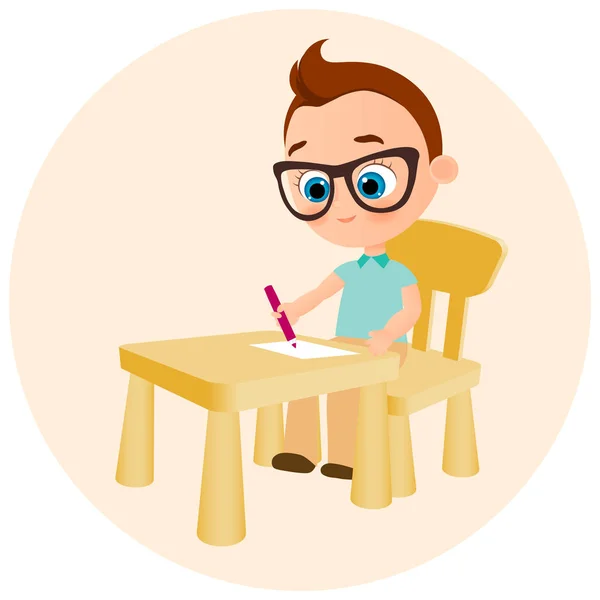 Niño con gafas pinta sentado en un escritorio de la escuela. Ilustración vectorial eps 10. Estilo de dibujos animados plana . — Archivo Imágenes Vectoriales