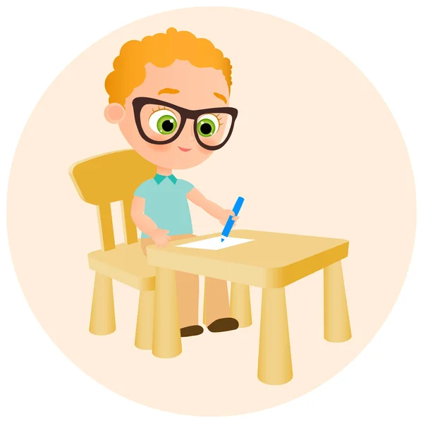 Νεαρό αγόρι με χρώματα γυαλιά, κάθεται σε ένα γραφείο της Σχολής. Vector εικονογράφηση eps 10. Επίπεδη κινούμενα σχέδια στυλ. — Διανυσματικό Αρχείο