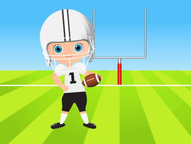 Genç çocuk. Amerikan futbolu oynayan çocuk. Vektör çizim eps 10 beyaz arka plan üzerinde izole. Düz çizgi film tarzı.
