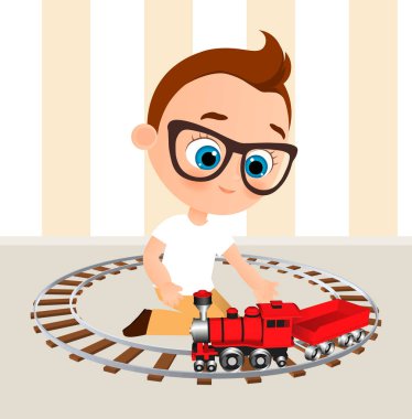 Gözlük ve oyuncak tren genç çocuk. Tren ile oynayan çocuk. Vektör çizim eps 10 beyaz arka plan üzerinde izole. Düz çizgi film tarzı.