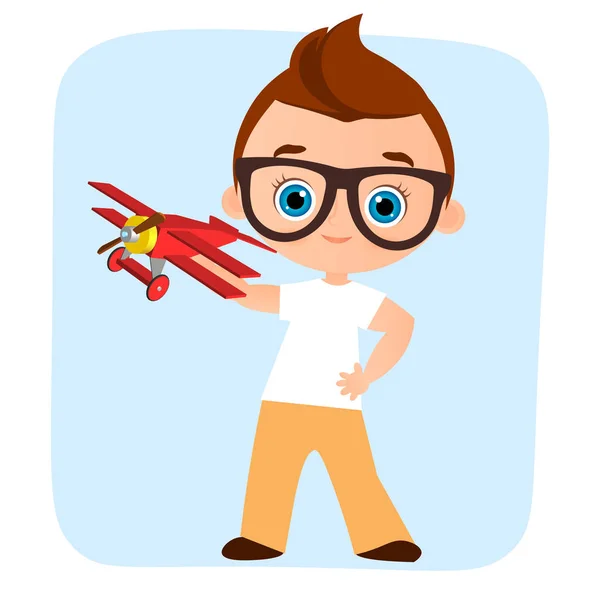 Jonge jongen met bril en speelgoed vliegtuig. Jongen speelt met vliegtuig. Vector illustratie eps 10 geïsoleerd op een witte achtergrond. Platte cartoon stijl. — Stockvector