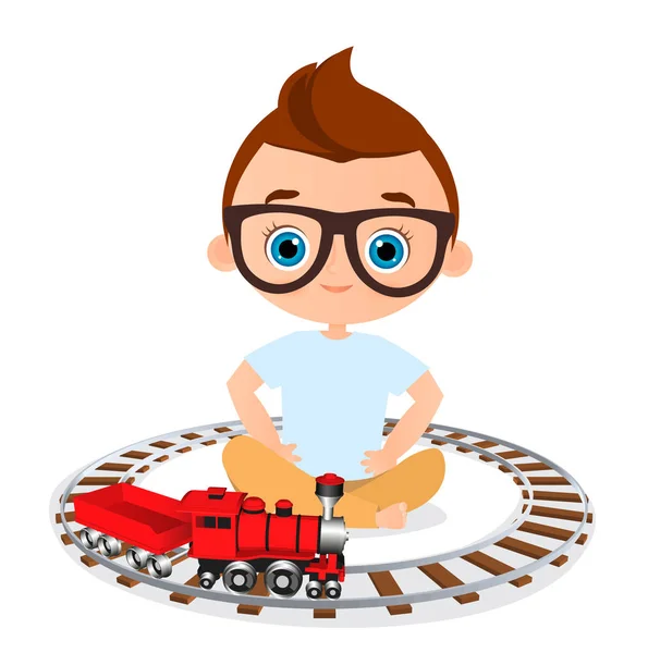 Молодий хлопець з окулярами та іграшковим потягом. Хлопчик грає з поїздом. Векторні ілюстрації eps 10 ізольовані на білому тлі. Стиль плоского мультфільму . — стоковий вектор