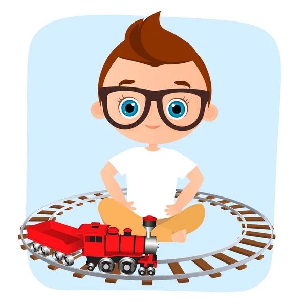 Niño con gafas y tren de juguete. Chico jugando con el tren. Ilustración vectorial eps 10 aislado sobre fondo blanco. Estilo de dibujos animados plana . — Vector de stock